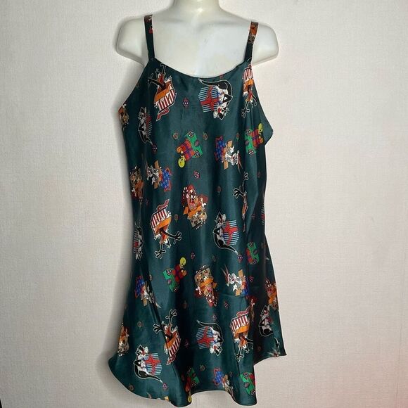 Vintage Looney Tunes Other - Vintage Looney Tunes Night Dress Gown Satin Chemise Christmas‎ Green M 97’s Y2K